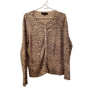 Jones New York Cardigan PETITE Large Womens Beige Black Leopard Print